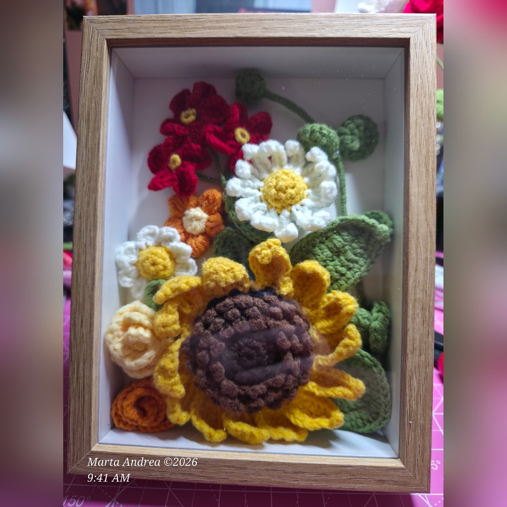 Hand Crafted Crochet Sunflower Shadowbox